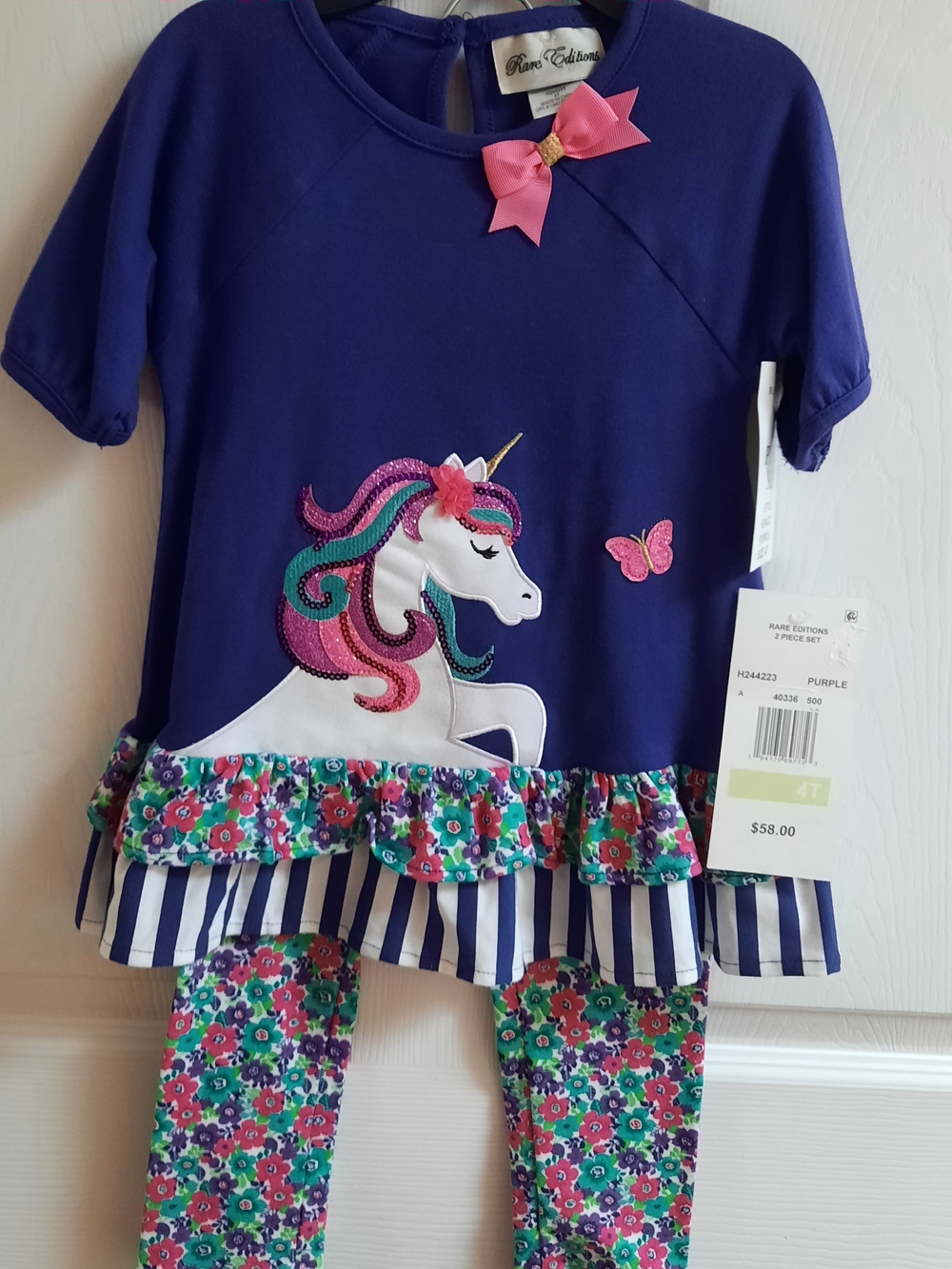 Rare Editions Purple Unicorn Floral Kids Pant Set